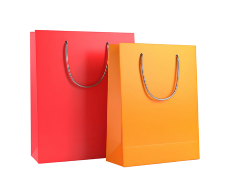 Two colorful, rectangular shopping bags, red and orange, with silver rope handles