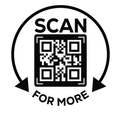 Obraz premium Black and white vector icon featuring a QR code inside a stylized frame, enclosed by a circular arrow and the text 