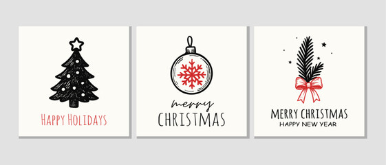 Elegant hand-drawn Christmas design with holiday lettering &ldquo;Merry Christmas and Happy New Year.&rdquo; Perfect for winter greeting cards, posters, digital prints, and festive decorations.