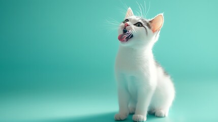 Playful Cat with Adorable Expression on Bright Turquoise Background