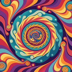 Colorful abstract swirl pattern with vibrant red, yellow, blue, and orange waves forming a hypnotic spiral effect