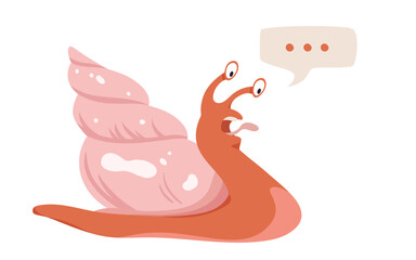 Cute expressive snail character with speech bubble on white background, perfect for communication concepts isolated vector illustration