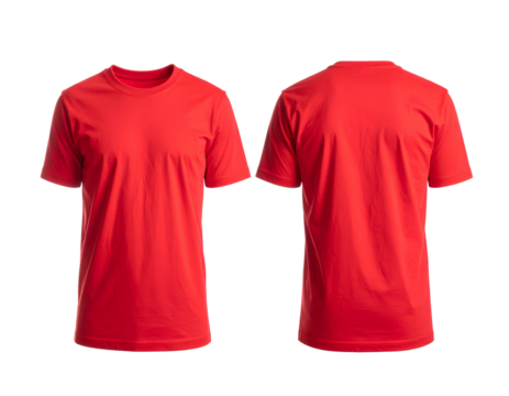 A red cotton crew neck tee shirt is shown in both the front and back view for display