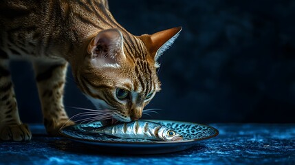 Cat Observing Fish on Plate in Dramatic Lighting Scene