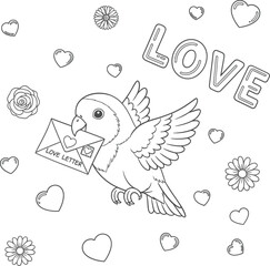 Flying cartoon bird delivering love letter outline graphic with hearts and flowers perfect for coloring book or Valentines Day design