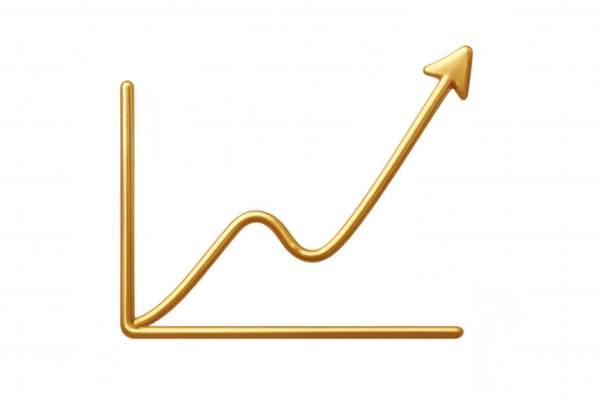 Golden increasing line graph with upward arrow on transparent background showing success concept and growing business