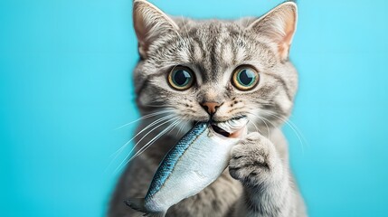 Playful Cat Holding Fish on Blue Background in Studio Setting
