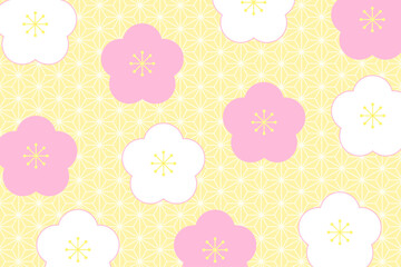 和風の梅の花と麻の葉柄の背景イラスト　黄色　ピンク	
