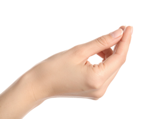 Close-up of a human hand, fingers gently pinched together against a black background