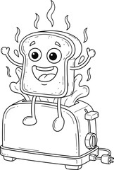 Happy Cartoon Toast Character Popping Out of Toaster Line Art Coloring Page Outline