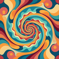 Colorful abstract swirl pattern with vibrant red, yellow, blue, and orange waves forming a hypnotic spiral effect