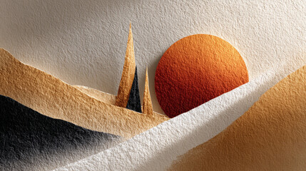 Abstract desert landscape evokes feelings of tranquility with its sun setting over textured dunes, expressing peaceful serenity