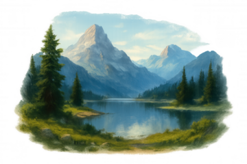 Scenic mountain lake painting with forest, reflecting sky and towering peaks, transparent background