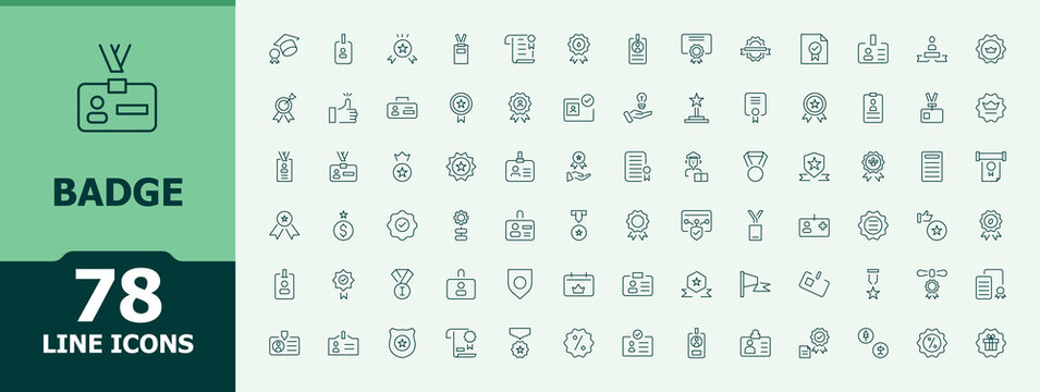 Badge icon set. Minimal icons pack. Pixel perfect. Editable vector. Prize icon set. Contains such symbols as win, award, championship, rank, winner, prize and more.