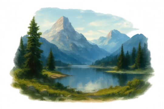 Scenic mountain lake painting with forest, reflecting sky and towering peaks, transparent background - Powered by Adobe