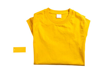 Flat lay image of a folded, bright yellow, short-sleeved t-shirt