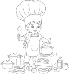 Smiling little boy chef cooking on stove line art illustration for coloring book Cute cartoon kid preparing food outline drawing