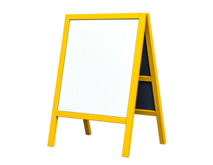 A yellow-framed, A-frame sign with a blank white surface on a black background