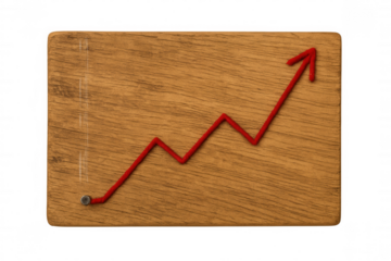 Red string creating an upward trend arrow on wood board representing business growth, progress, and success on transparent background