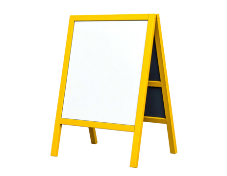 A yellow-framed, A-frame sign with a blank white surface on a black background