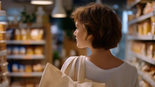 Food shopping as a parent&rsquo;s back view scans grocery store shelves with cereal, pondering consumer choice in a supermarket. Plastic toy in pocket, canvas bag in cart, store aisle squeaks. cinematic