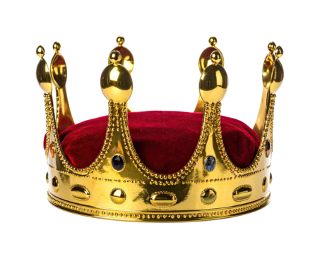 A detailed, golden crown with jewels atop a red velvet cushion against a black background