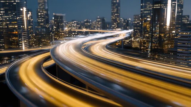 Futuristic elevated highways with transparent lanes and self-driving pods, symbolizing automation, data-driven logistics, and urban innovation for sustainable smart cities. cinematic color