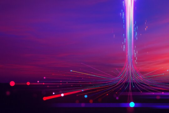 Abstract digital art with light beams and data streams against purple sky