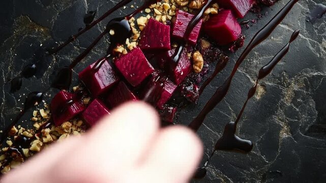 Artistic beetroot dish with garnish on a dark surface overhead view