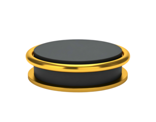 Circular, tiered display podium, gray top section, golden accents, isolated on black background