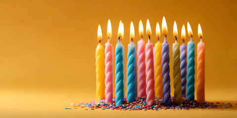 Row of Colorful Twisted Birthday Candles with Flames and Scattered Sprinkles on a Yellow Background