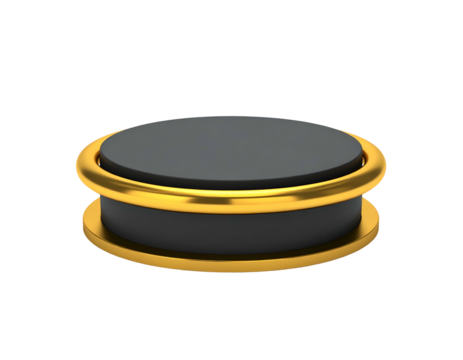Circular, tiered display podium, gray top section, golden accents, isolated on black background