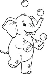 Cute baby elephant cartoon playing with bubbles line art coloring page vector illustration