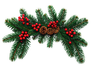 Holiday decor, a lush arrangement of green fir branches adorned with red berries and pine cones