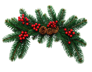 Holiday decor, a lush arrangement of green fir branches adorned with red berries and pine cones
