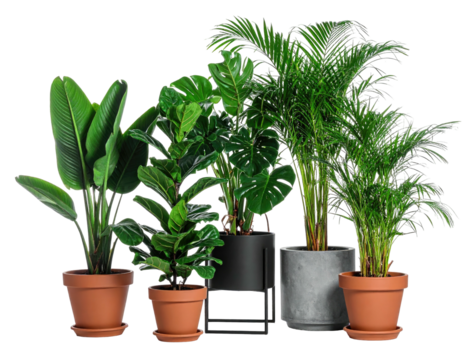 An assortment of vibrant green potted plants, set against a solid black backdrop