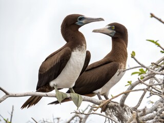 Obraz premium Brown Booby Perched Couple Isolated on White