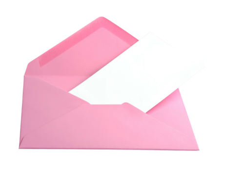 Pink envelope with a blank white card partially protruding from its opening, isolated