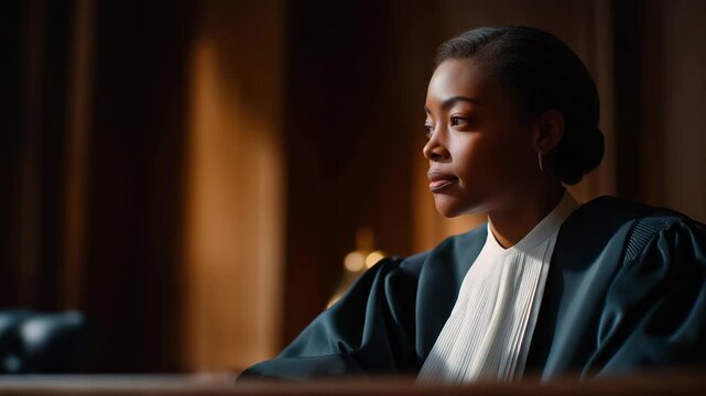 Judge utilizing holographic AI assistant to cross-reference previous rulings, symbolizing fairness, precision, and the partnership between human ethics and machine logic. cinematic color