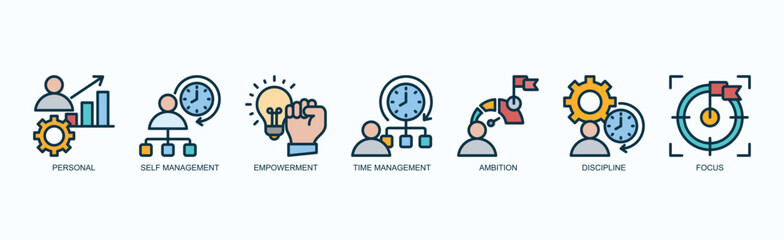 Driven Self Icon Set Isolated Vector Illustration Concept With Icon Of Personal, Self Management, Empowerment, Time Management, Ambition, Discipline, Focus In Outline Color Style