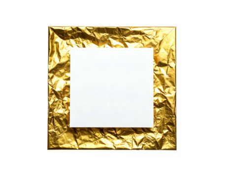 A square white space nested within a crumpled gold metallic wrapper, all on a black background