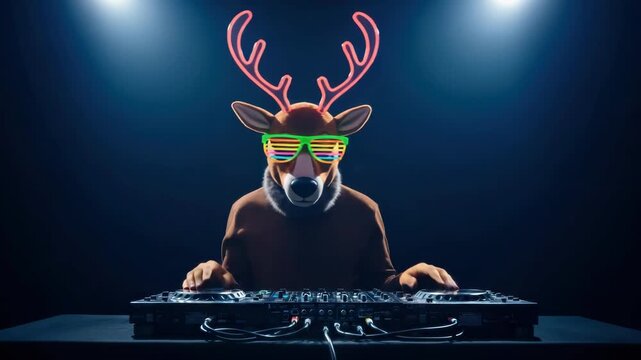 Energetic dj in reindeer costume mixing tracks at a dynamic night event. 4k Video footage