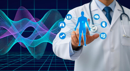 Doctor touching virtual interface with human silhouette and internal organ icons. Medical technology and health data visualization.