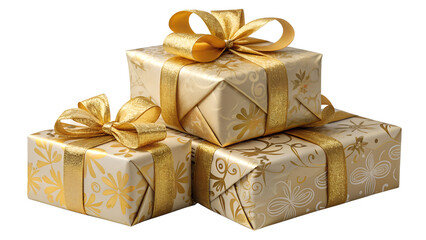 Stack of Three Wrapped Gifts with Golden Ribbons, Isolated PNG