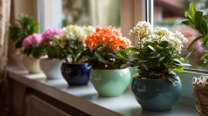 Obraz premium Glossy ceramic windowsill pots arranged in a row with indoor flowers blooming