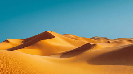 Vast golden desert with smooth sand dunes, clear blue sky, natural sunlight, minimalist background