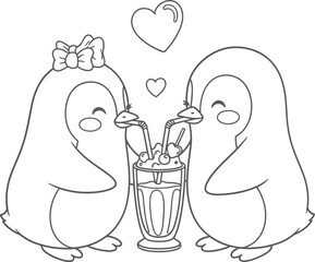 Cute cartoon penguin couple sharing a milkshake line art for coloring book Valentines Day vector illustration