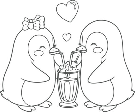 Cute cartoon penguin couple sharing a milkshake line art for coloring book Valentines Day vector illustration - Powered by Adobe