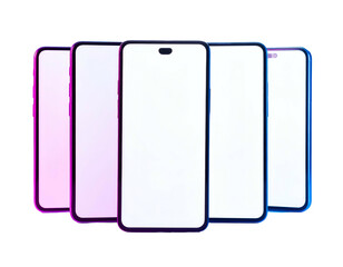 Five smartphones with blank screens, arranged in a slightly fanned-out, close-up view
