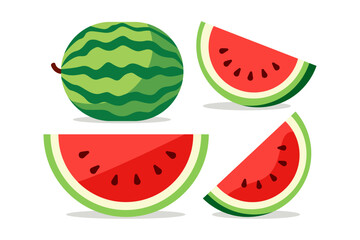 Illustration showing a whole watermelon and three watermelon slices, all with a bright red interior and black seeds.